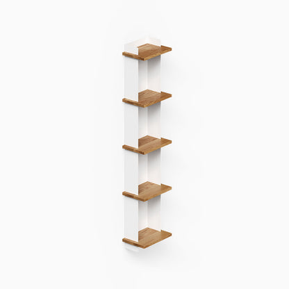 Halle Bookshelf featuring solid hardwood shelves with white steel frame, designed for minimalist wall storage and elegant display spaces.