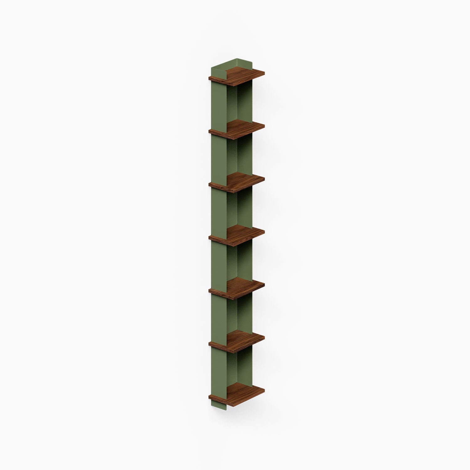 Halle Bookshelf featuring a minimalist vertical design with walnut wood shelves and green mixed-material backing for stylish wall organization.