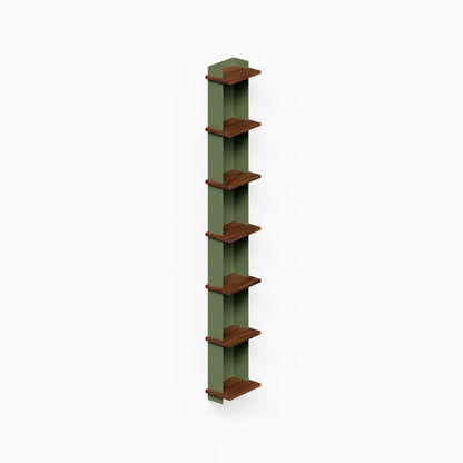 Halle Bookshelf featuring a minimalist vertical design with walnut wood shelves and green mixed-material backing for stylish wall organization.