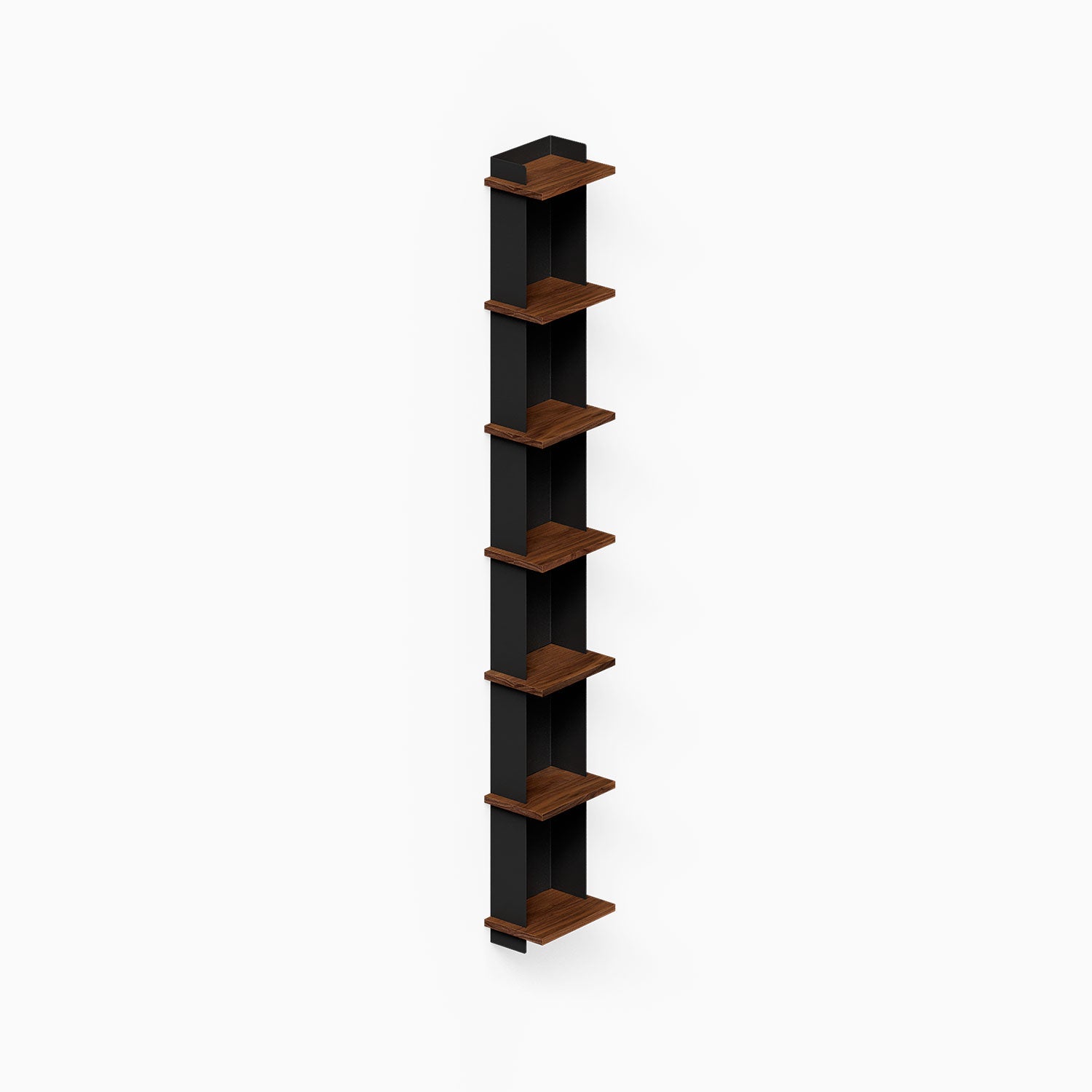 Halle Bookshelf with dark metal frame and walnut wood shelves, designed for modern wall organization and stylish display solutions.