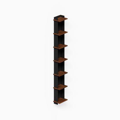 Halle Bookshelf with dark metal frame and walnut wood shelves, designed for modern wall organization and stylish display solutions.