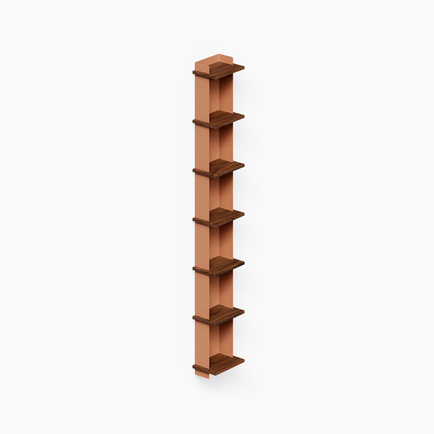 Halle Bookshelf with walnut wood shelves and clay-colored vertical back panel in a minimalist design for stylish wall organization.