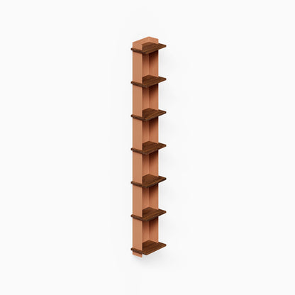 Halle Bookshelf with walnut wood shelves and clay-colored vertical back panel in a minimalist design for stylish wall organization.