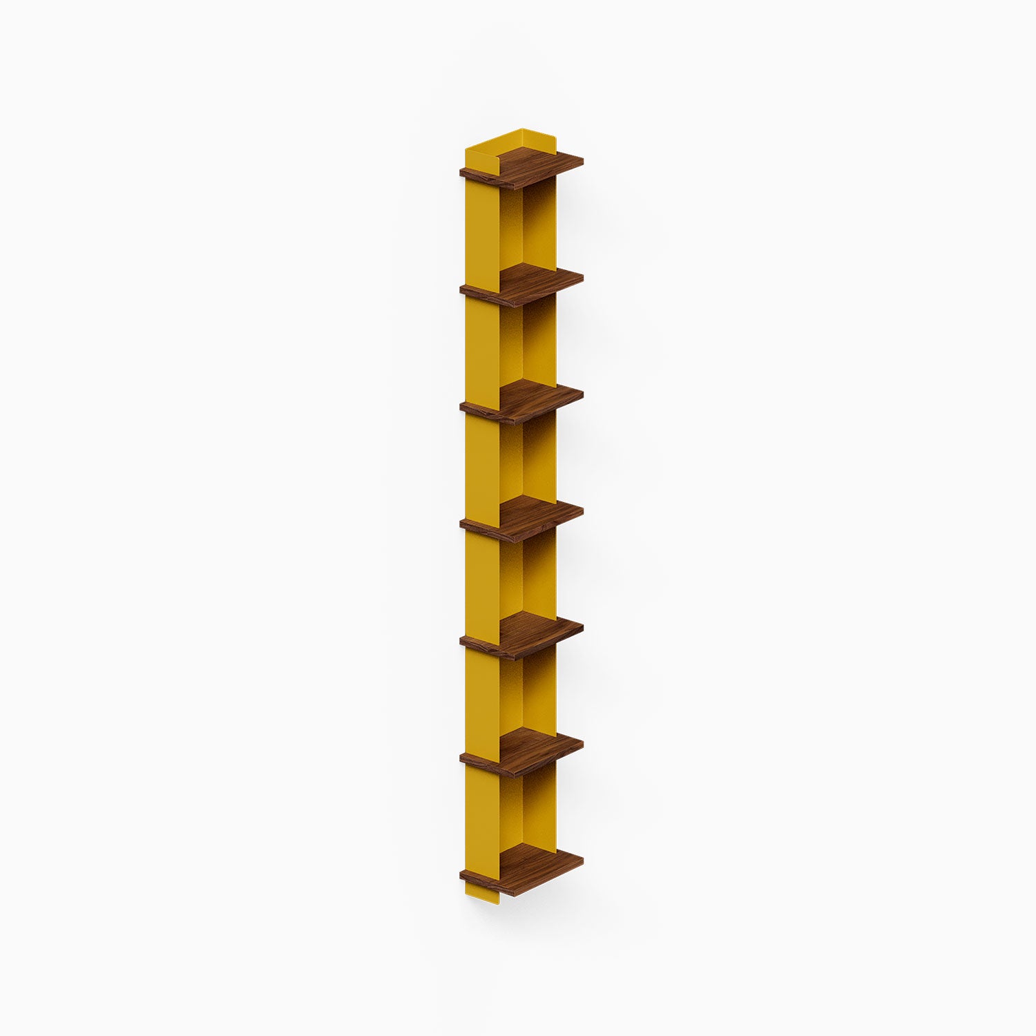 Halle Bookshelf mounted on wall with narrow, vertical mustard-colored panel and multiple solid hardwood walnut shelves for stylish organization and display.