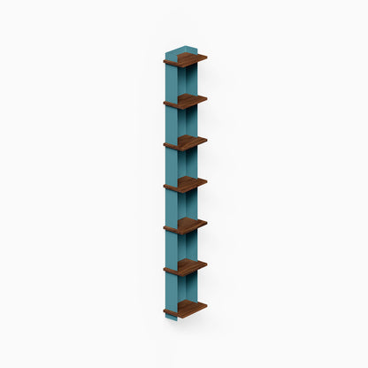 Halle Bookshelf featuring a minimalist design with walnut wood shelves and a teal vertical back panel, ideal for organizing and displaying decor.