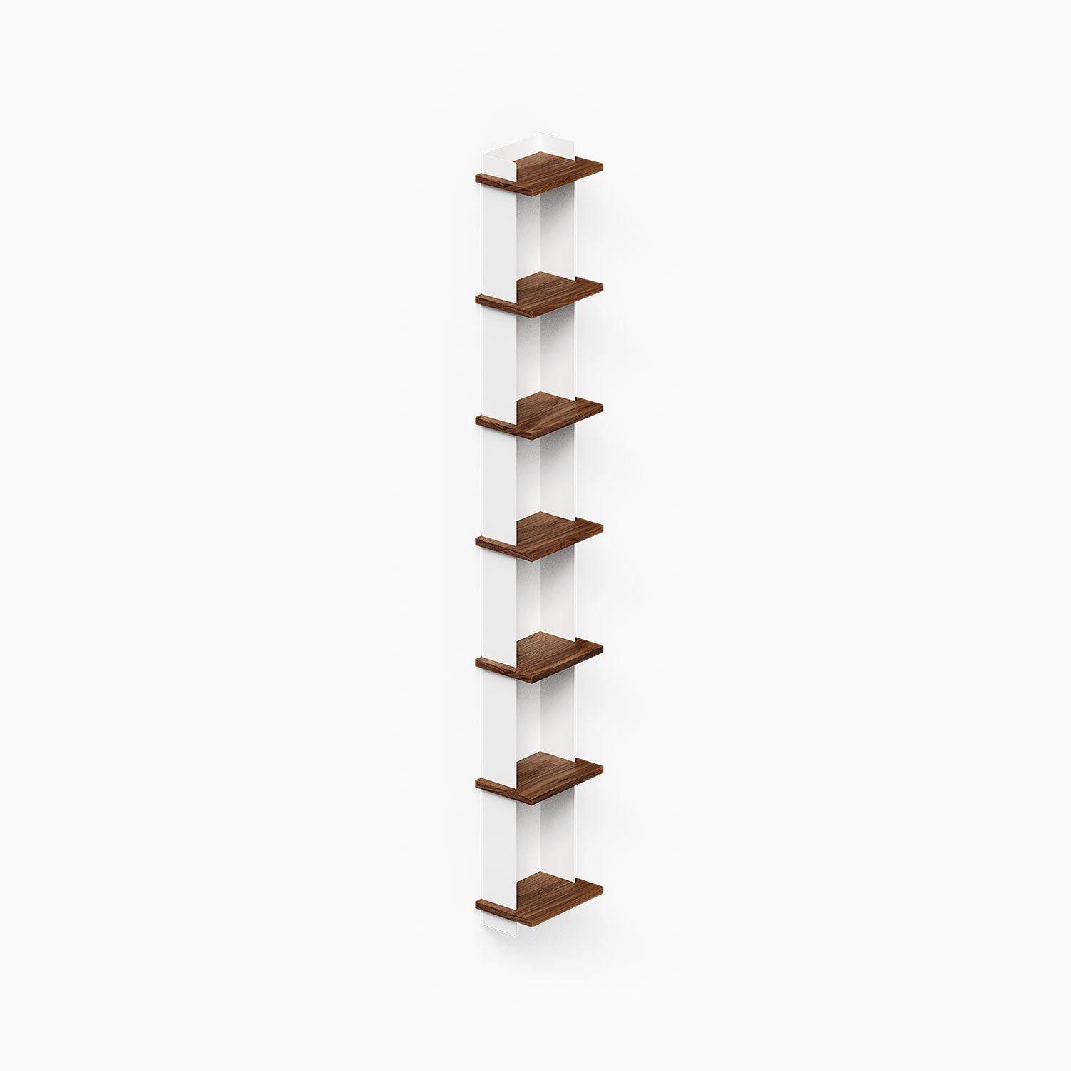 Halle Bookshelf with slim walnut wood shelves and clear supports designed for minimalist wall display and maximizing vertical space.