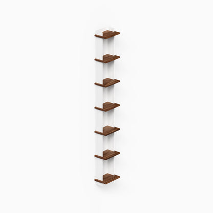 Halle Bookshelf with slim walnut wood shelves and clear supports designed for minimalist wall display and maximizing vertical space.