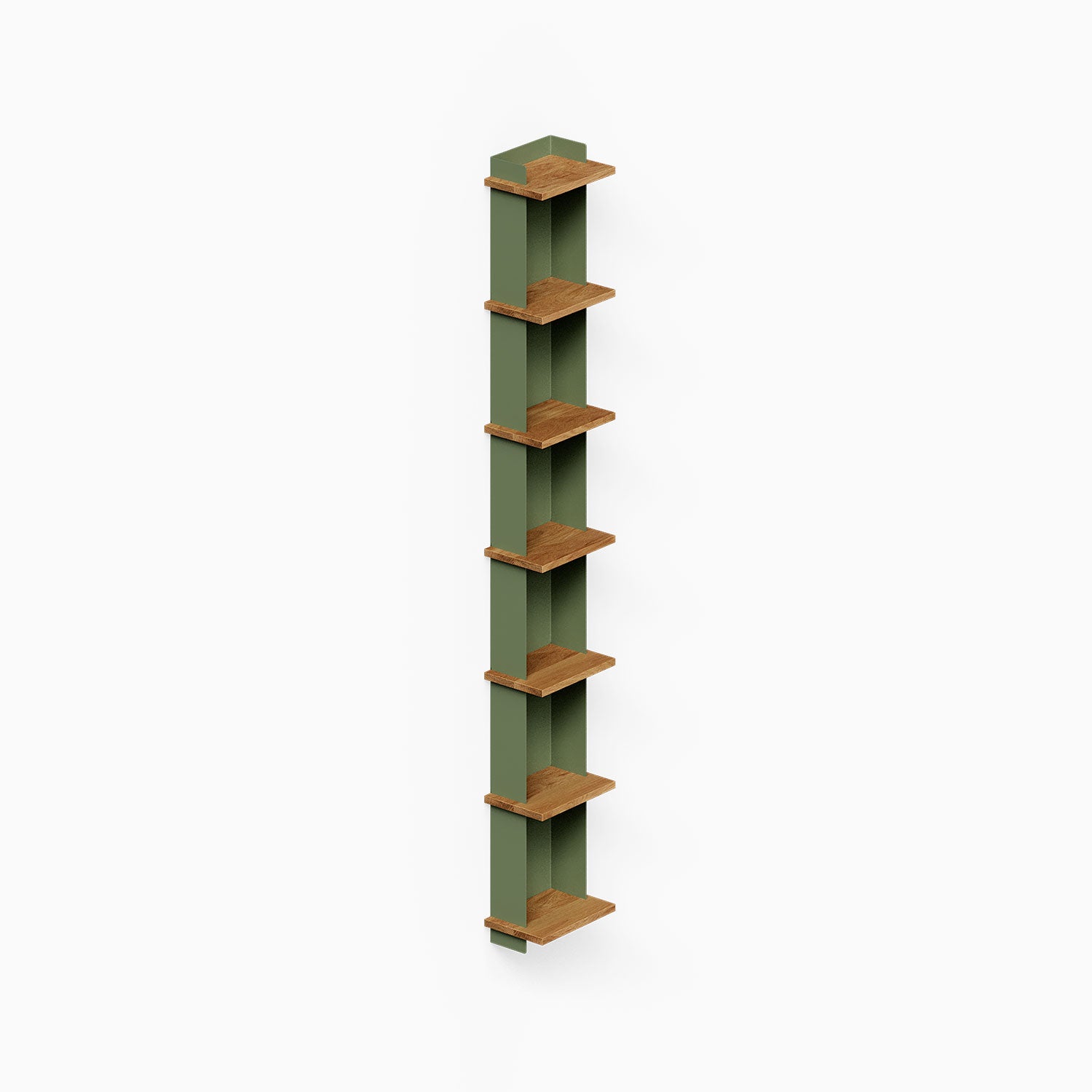 Halle Bookshelf with a minimalist green vertical frame and natural wood shelves designed for efficient wall organization and stylish display.