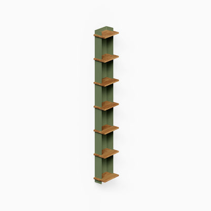 Halle Bookshelf with a minimalist green vertical frame and natural wood shelves designed for efficient wall organization and stylish display.