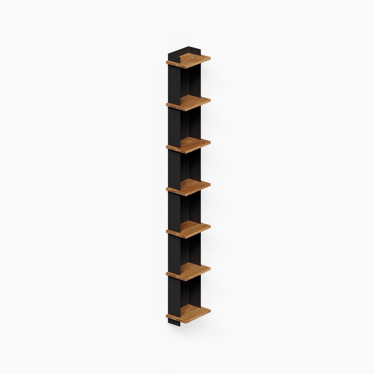 Halle Bookshelf featuring a minimalist design with alternating solid hardwood shelves and a black steel frame, ideal for vertical wall storage.