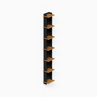 Halle Bookshelf featuring a minimalist design with alternating solid hardwood shelves and a black steel frame, ideal for vertical wall storage.