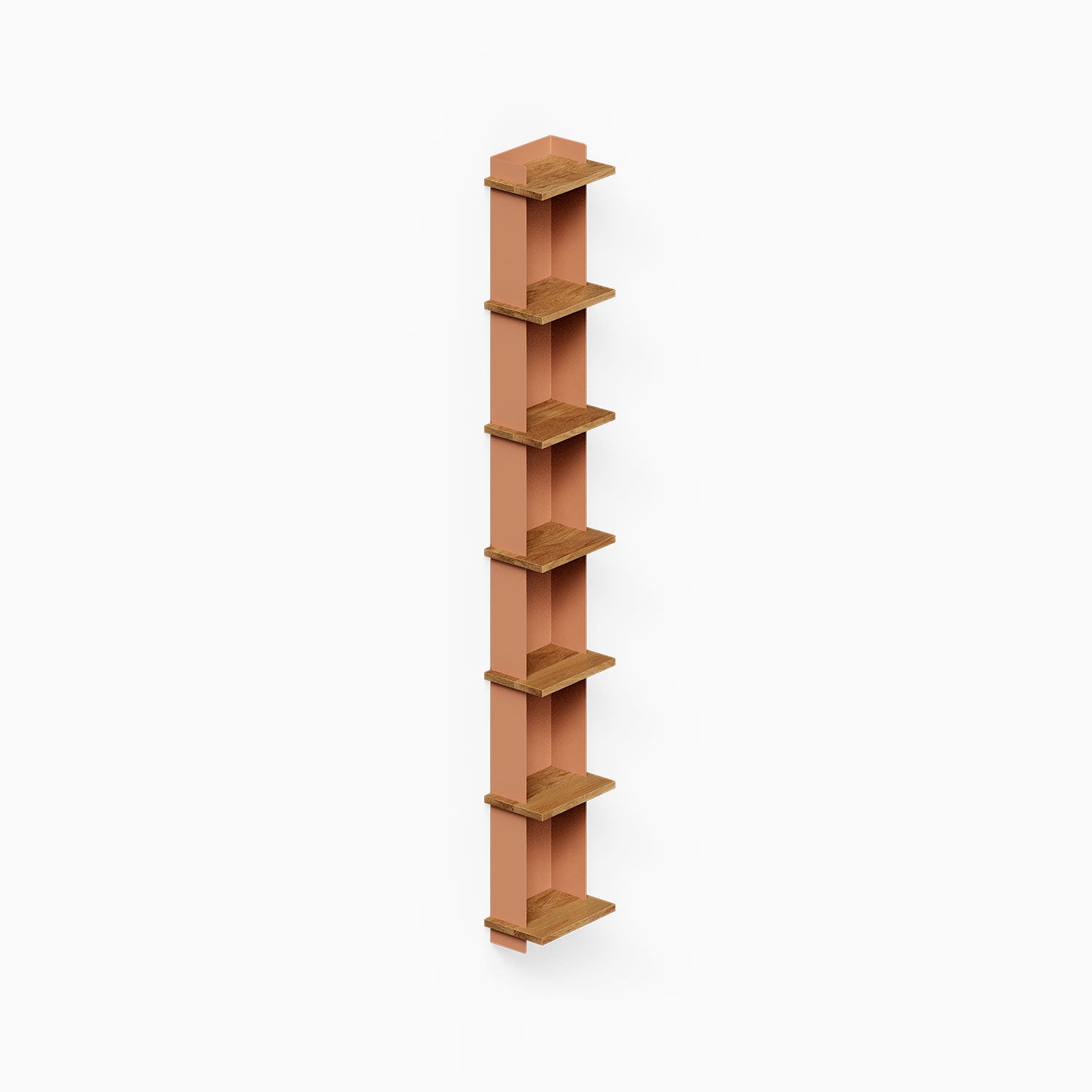 Halle Bookshelf vertical wall shelf with mixed wood and clay-toned metal frame, minimalist design maximizing narrow wall space for display and organization.