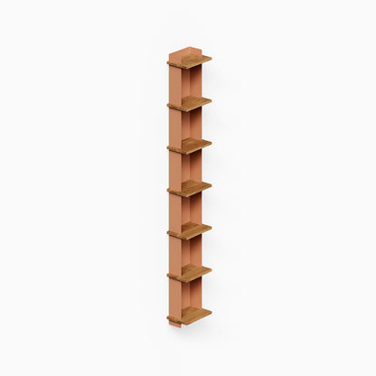 Halle Bookshelf vertical wall shelf with mixed wood and clay-toned metal frame, minimalist design maximizing narrow wall space for display and organization.