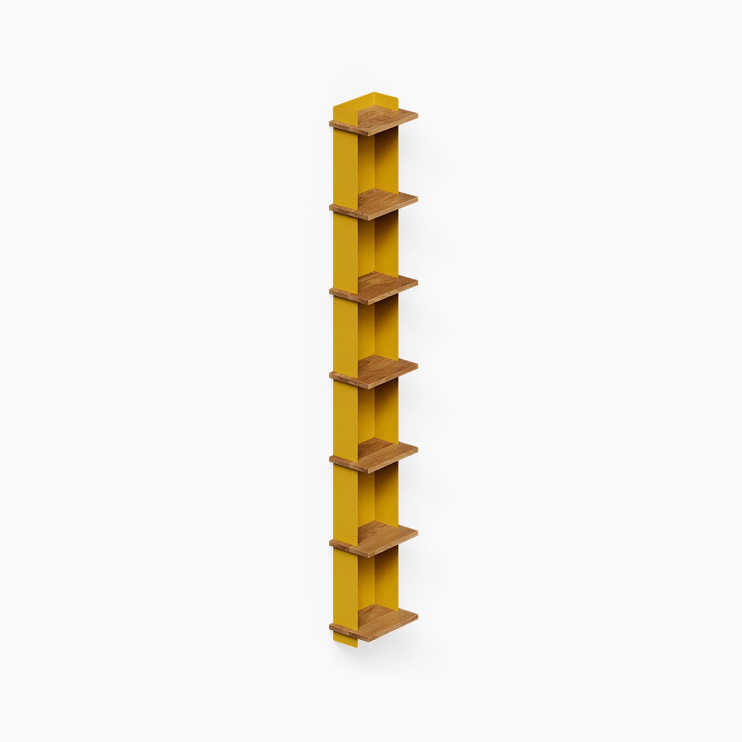 Halle Bookshelf with minimalist yellow vertical panel and solid hardwood shelves, designed for space-maximizing wall display and organization.