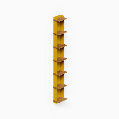 Halle Bookshelf with minimalist yellow vertical panel and solid hardwood shelves, designed for space-maximizing wall display and organization.