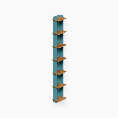 Halle Bookshelf featuring a vertical design with solid hardwood shelves and a teal steel back panel, perfect for organizing and displaying decor.