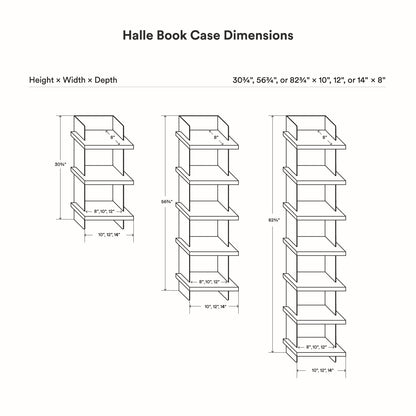 Halle Bookshelf (White Oak) measurement diagram showing heights of 30 3/4 56 1/4 and 82 1/4 inches with widths of 10 12 or 14 inches and 8 inch depth