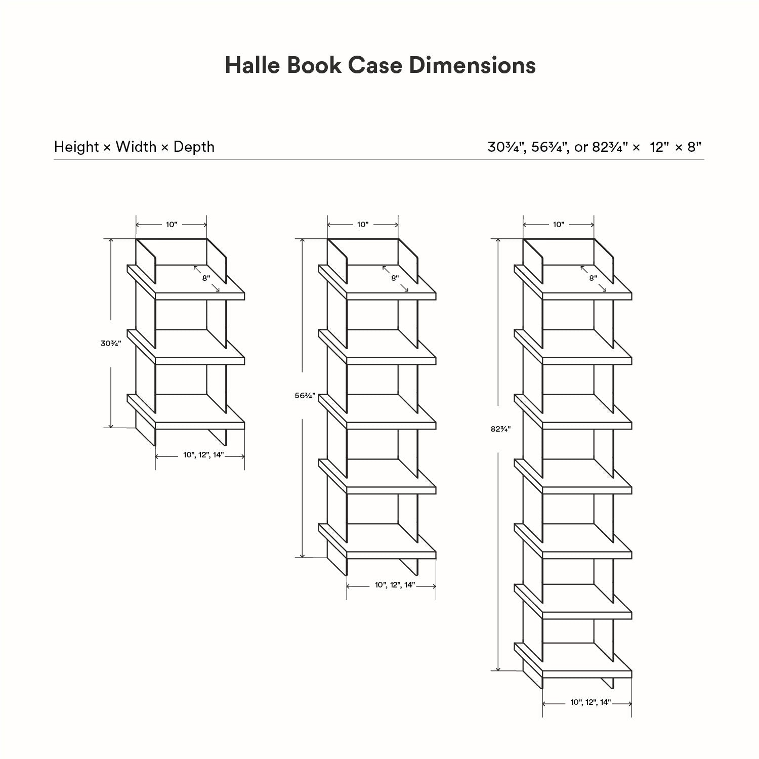 Technical line drawing showing three size options for the Halle Bookshelf with detailed height, width, and depth measurements in a minimalist style.