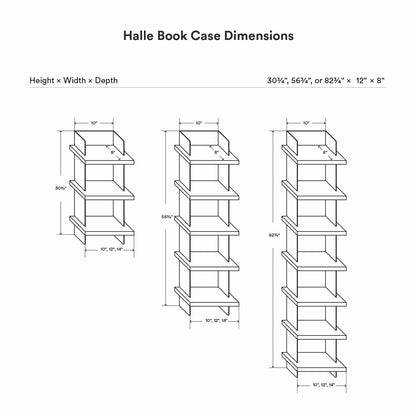 Technical line drawing showing three size options for the Halle Bookshelf with detailed height, width, and depth measurements in a minimalist style.
