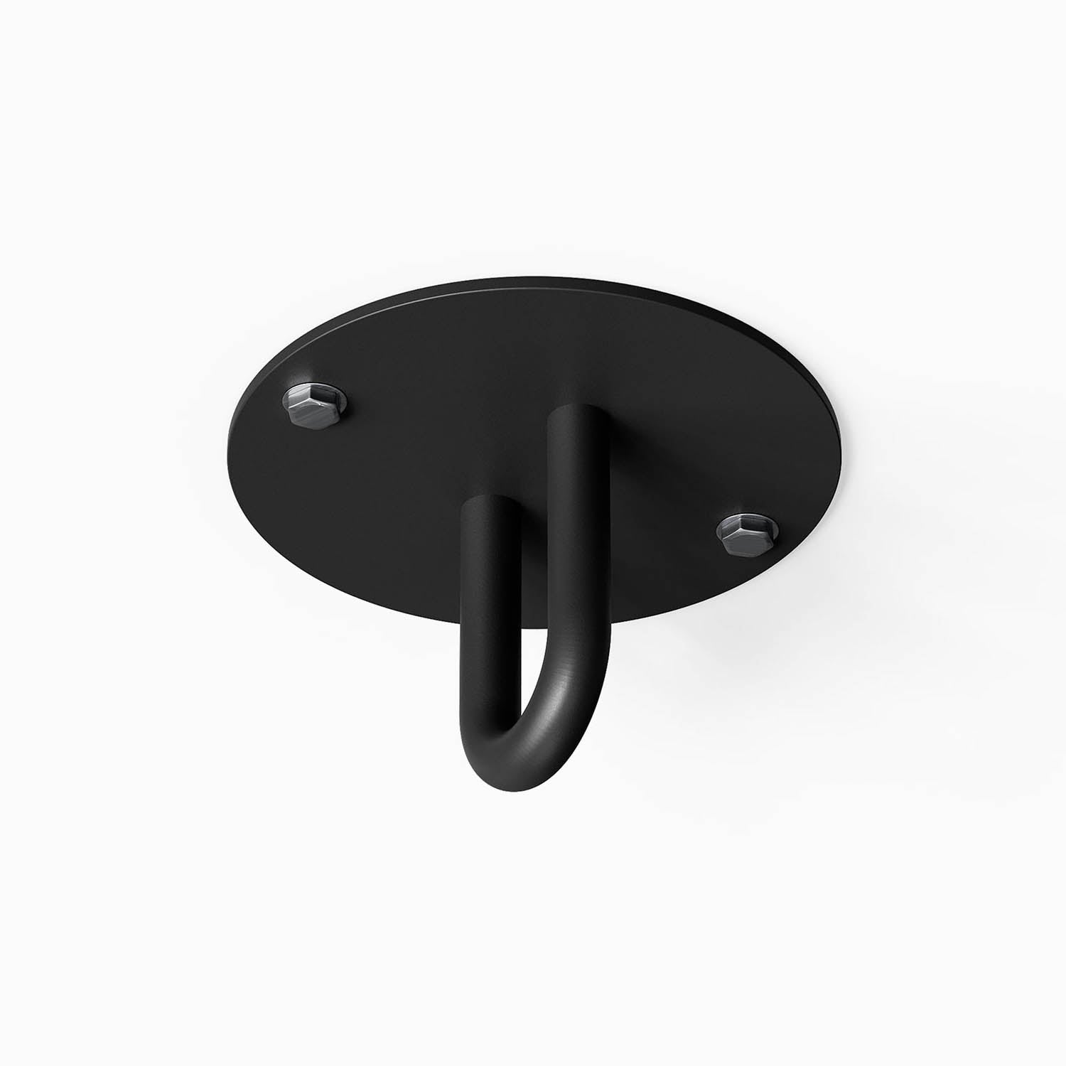 Hang On Ceiling Hook in matte black metal with a minimalist design, ideal for organizing and maximizing wall space in any room.