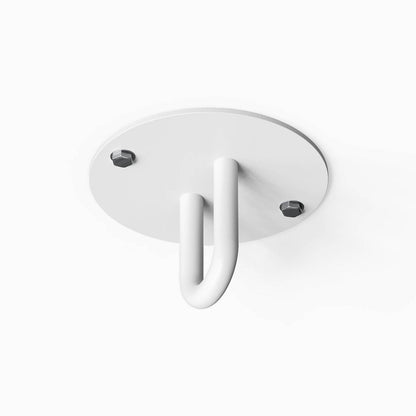 White metal Hang On Ceiling Hook mounted on ceiling with minimalist design ideal for organizing and displaying items in various spaces.