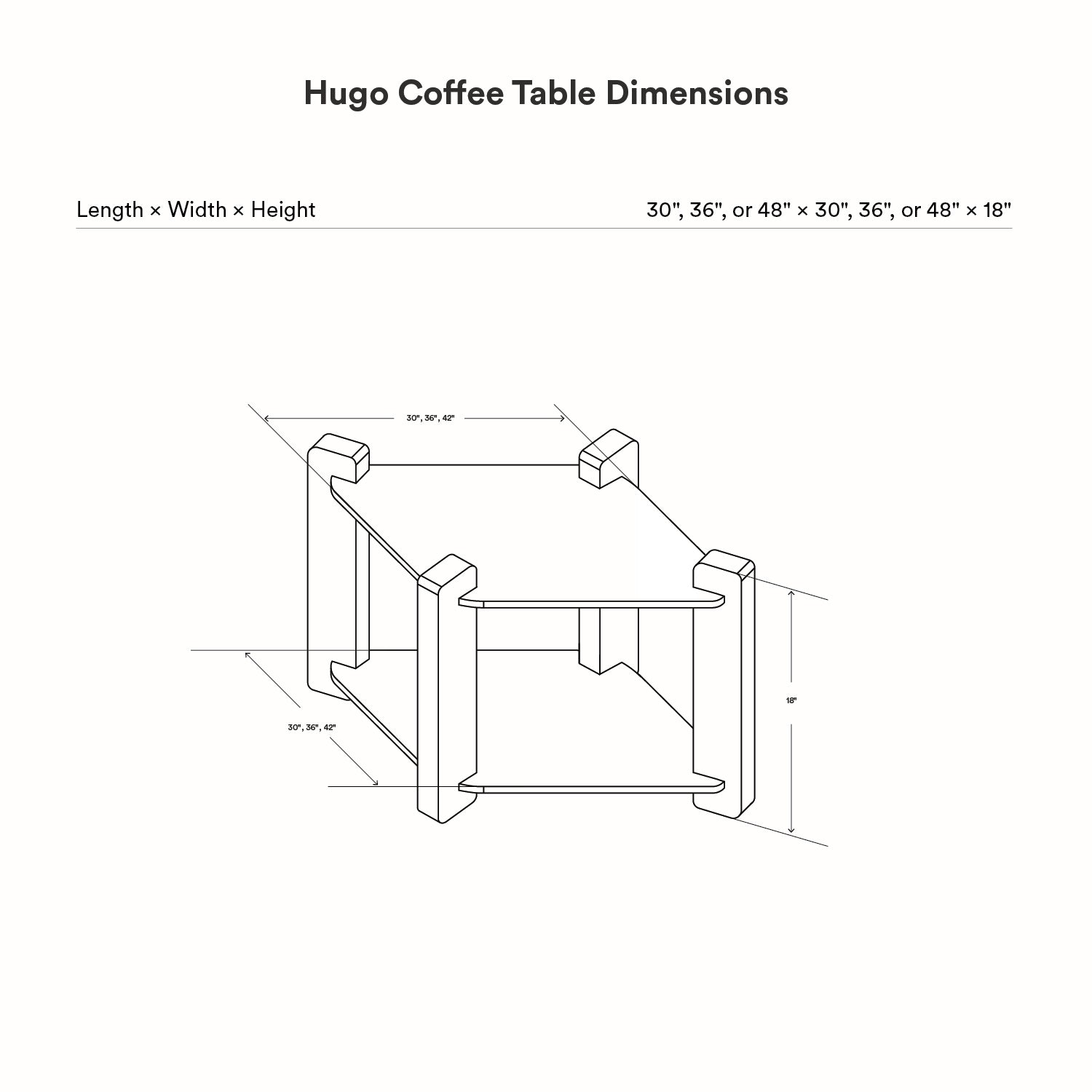 Line drawing of the Hugo Square Coffee Table showing dimensions for length, width, and height in three size options, emphasizing minimalist design.