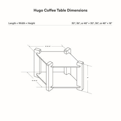 Line drawing of the Hugo Square Coffee Table showing dimensions for length, width, and height in three size options, emphasizing minimalist design.
