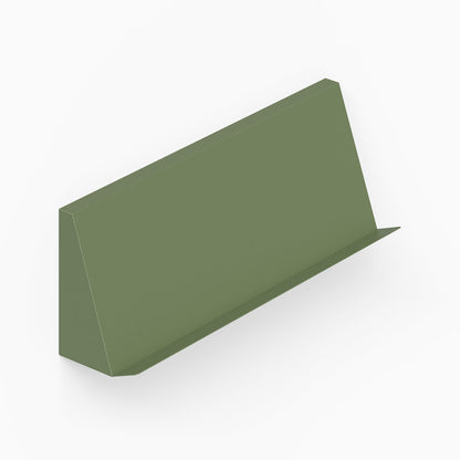 Minimalist olive green metal Issue Book + Magazine Wall Display designed to maximize wall space for organizing books and magazines.