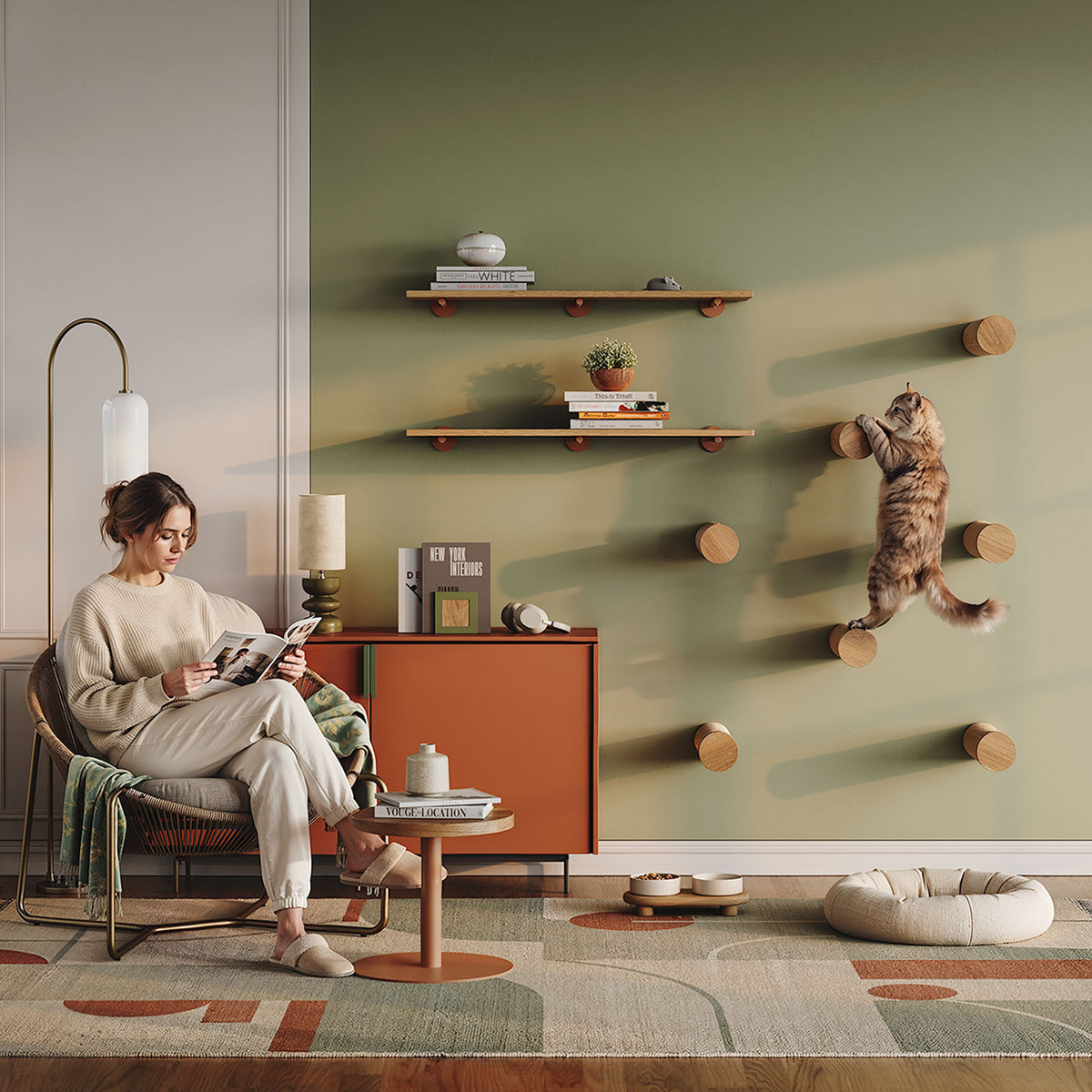 Kato Wall Mounted Cat Perch with a climbing cat beside wall shelves in a stylish living room with warm modern decor