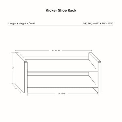 Line drawing schematic of the Kicker Shoe Rack showing its dimensions for height, depth, and length options of 24, 36, or 48 inches, with a minimalist, functional design.