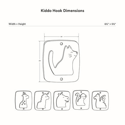 Kiddo Hooks set featuring minimalist animal designs on durable, rust-resistant metal plates, perfect for organizing kids’ rooms with functional wall hooks.