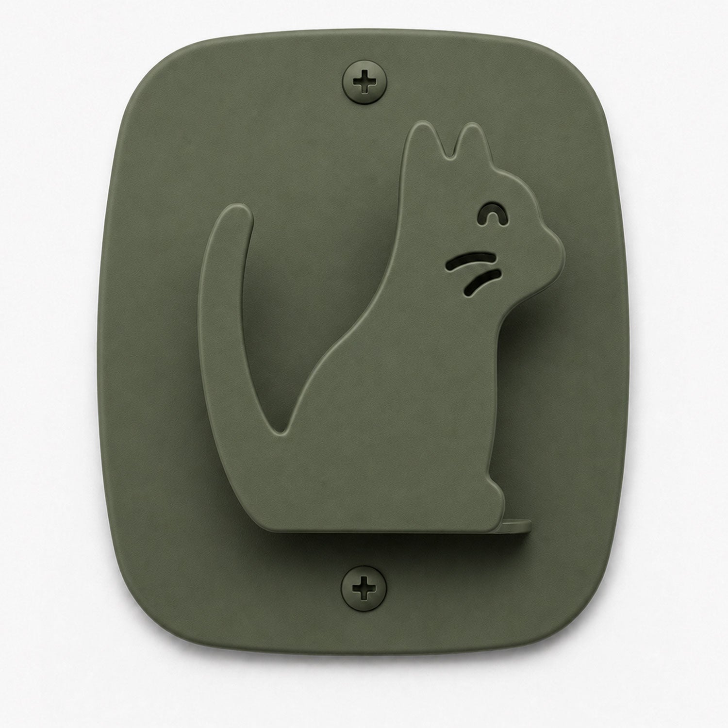 Minimalist olive-green wall hook in a playful cat shape made from durable material, part of the Kiddo Hooks collection for organizing and displaying items.