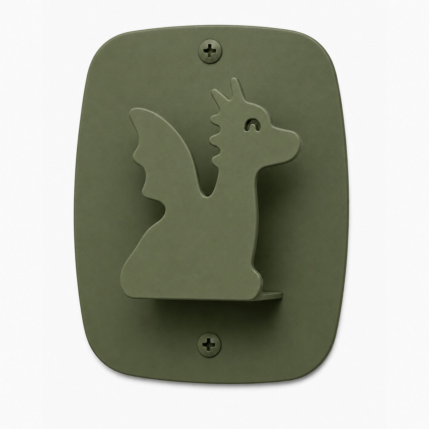 Kiddo Hooks wall hook in matte olive green shaped like a playful dragon, made of durable rust-resistant material for organizing kids’ rooms.