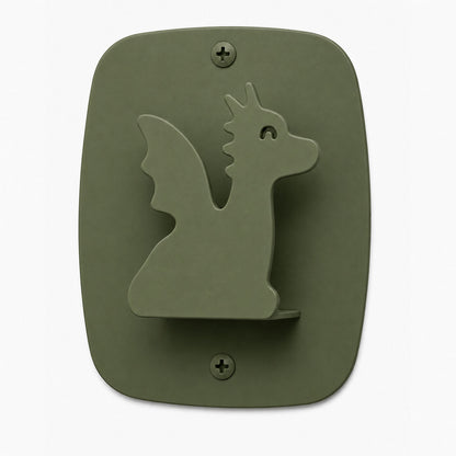 Kiddo Hooks wall hook in matte olive green shaped like a playful dragon, made of durable rust-resistant material for organizing kids’ rooms.