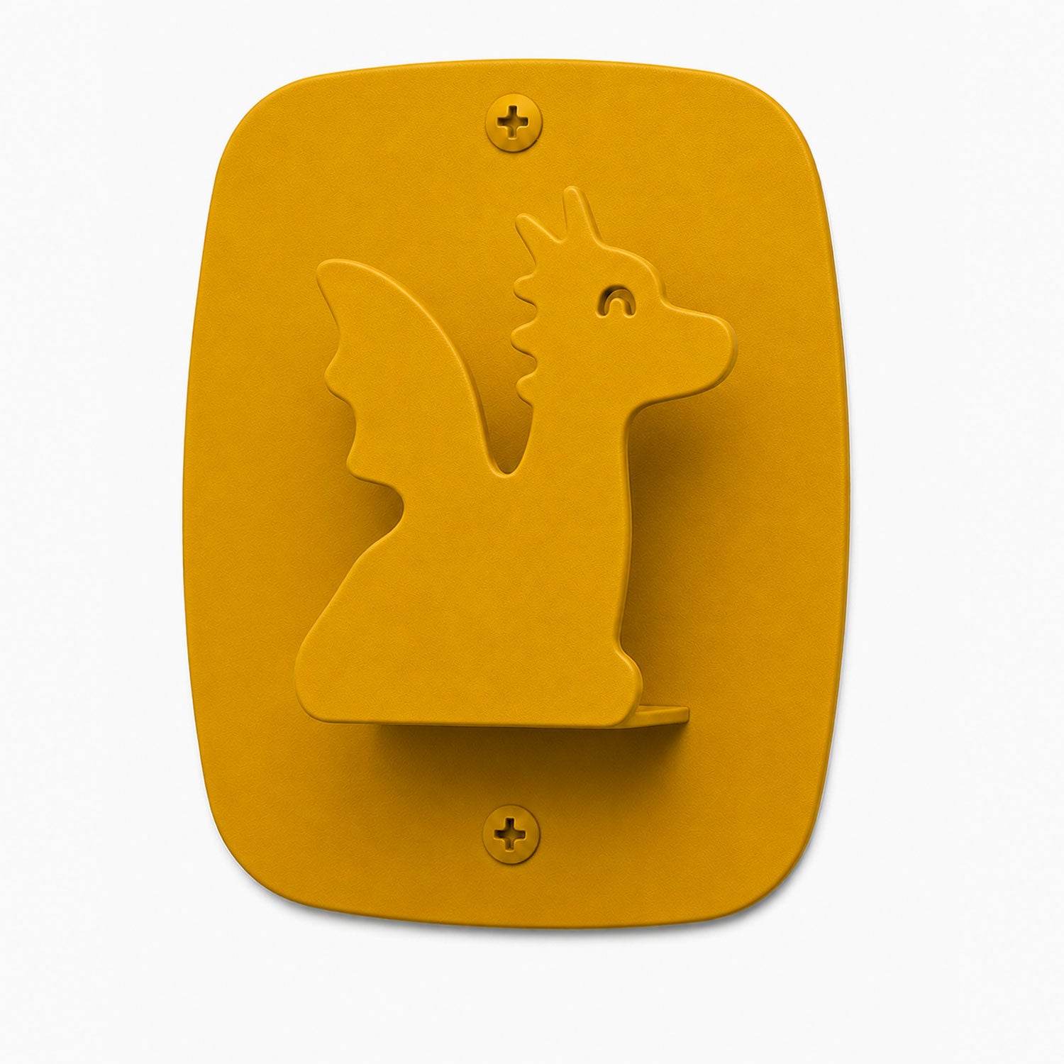 Kiddo Hooks in a warm honey mustard color, featuring a whimsical dragon shape made from durable material, perfect for organizing wall space.