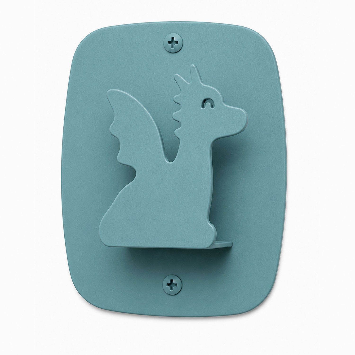 Kiddo Hooks wall hook shaped like a dragon in muted blue steel, designed for organizing and decorating kids’ spaces with durable, rust-resistant material.