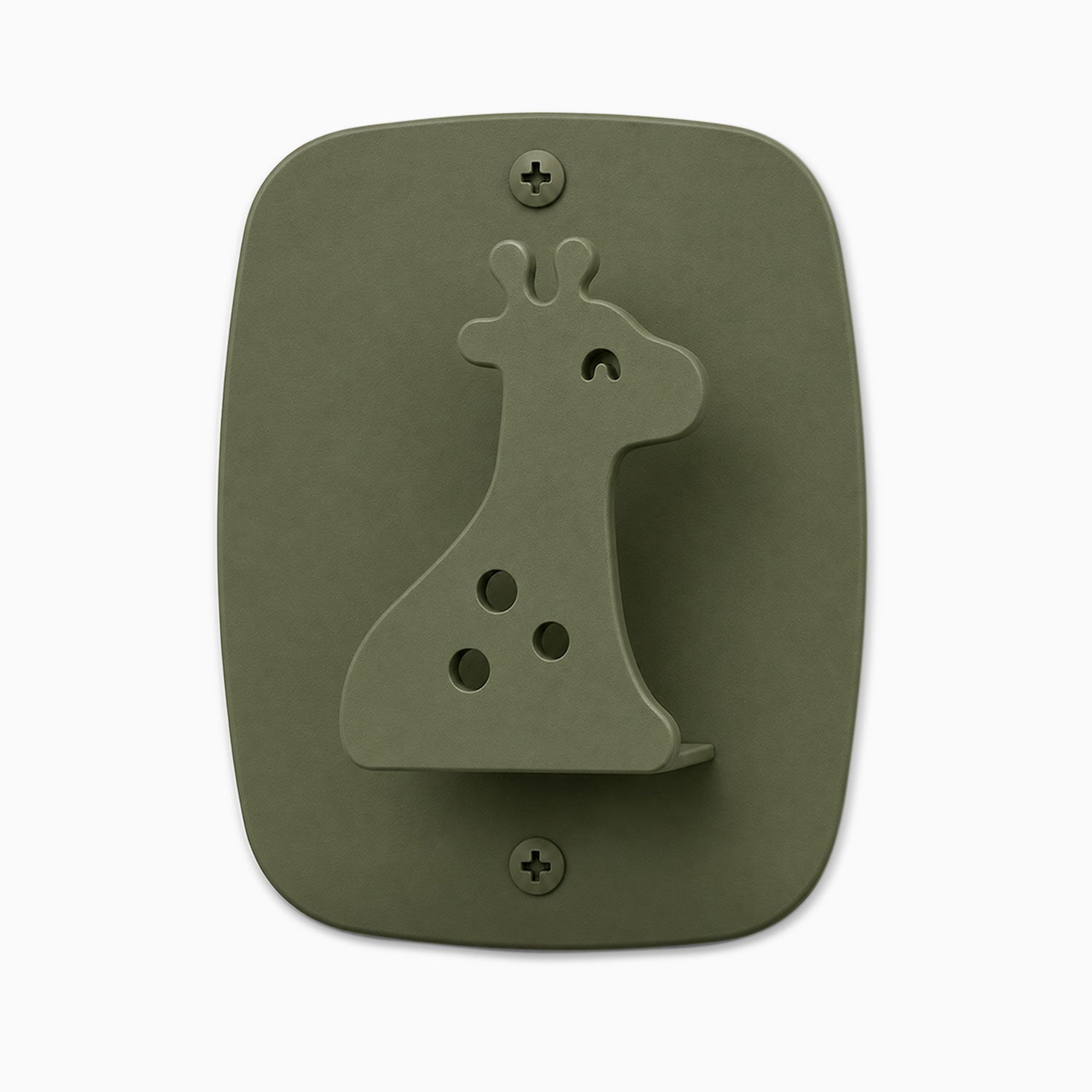 Kiddo Hooks wall hook shaped like a minimalist giraffe in muted green, made of durable materials for functional organization and display.