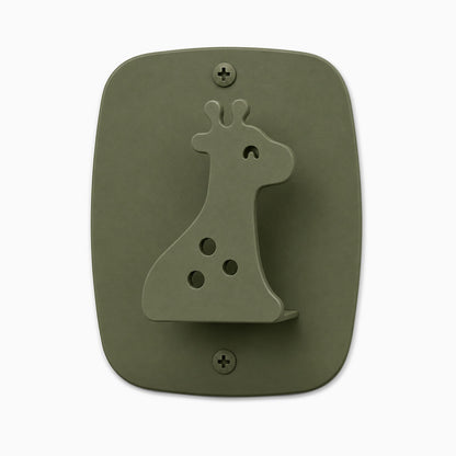 Kiddo Hooks wall hook shaped like a minimalist giraffe in muted green, made of durable materials for functional organization and display.