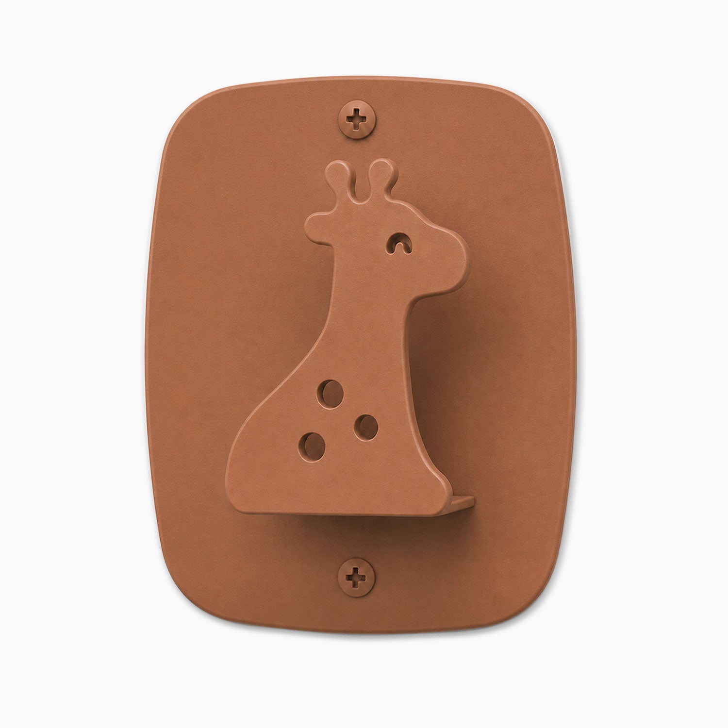 Kiddo Hooks wall hook shaped like a giraffe in a clay color, designed for organizing and adding playful decor to any room.