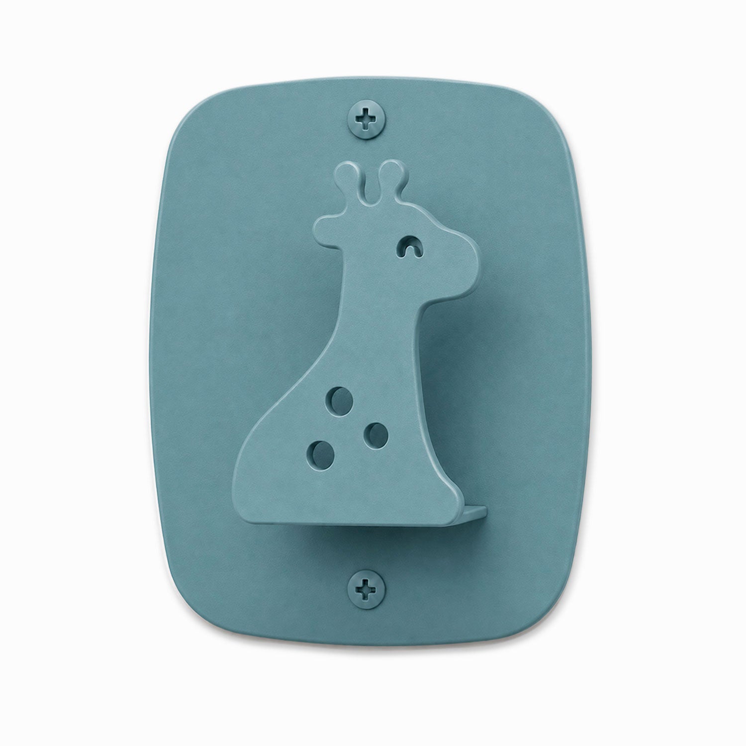 Minimalist blue Kiddo Hooks wall hook shaped like a smiling giraffe, made from durable rust-resistant stainless steel for organized spaces.