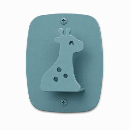 Minimalist blue Kiddo Hooks wall hook shaped like a smiling giraffe, made from durable rust-resistant stainless steel for organized spaces.