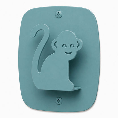 Kiddo Hooks wall hook in playful monkey shape made of durable steel with a matte blue finish for functional and decorative wall organization.