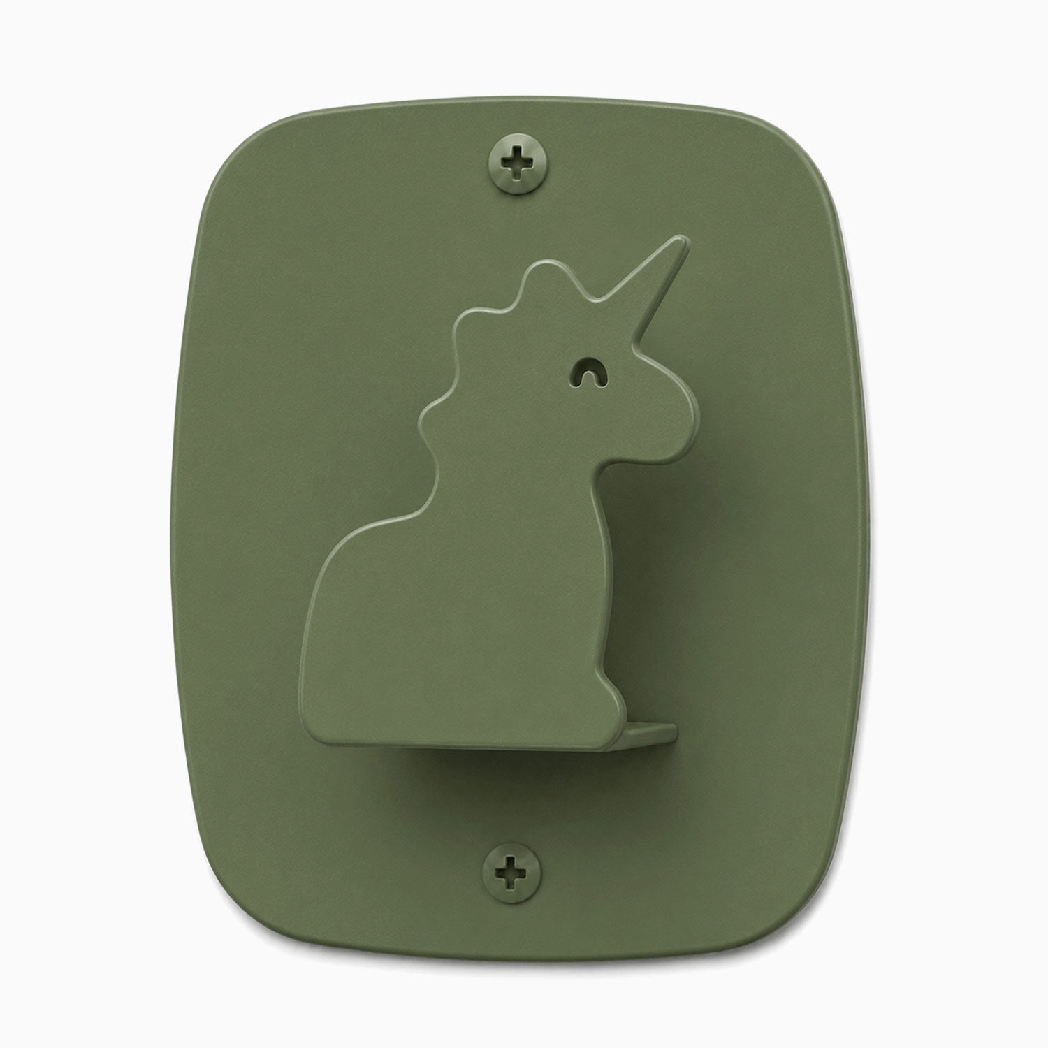 Minimalist olive green wall hook shaped like a unicorn, part of Kiddo Hooks, designed for functional and playful organization.