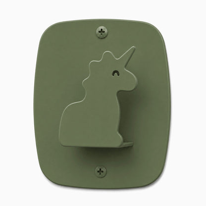 Minimalist olive green wall hook shaped like a unicorn, part of Kiddo Hooks, designed for functional and playful organization.