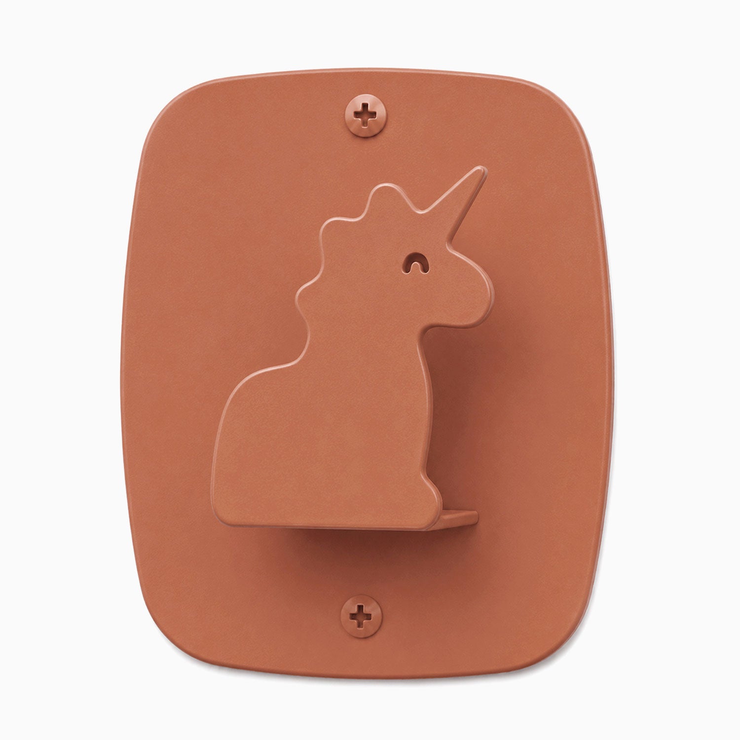 Minimalist ceramic wall hook shaped like a unicorn in terracotta color, designed for organizing kids’ rooms with Kiddo Hooks.