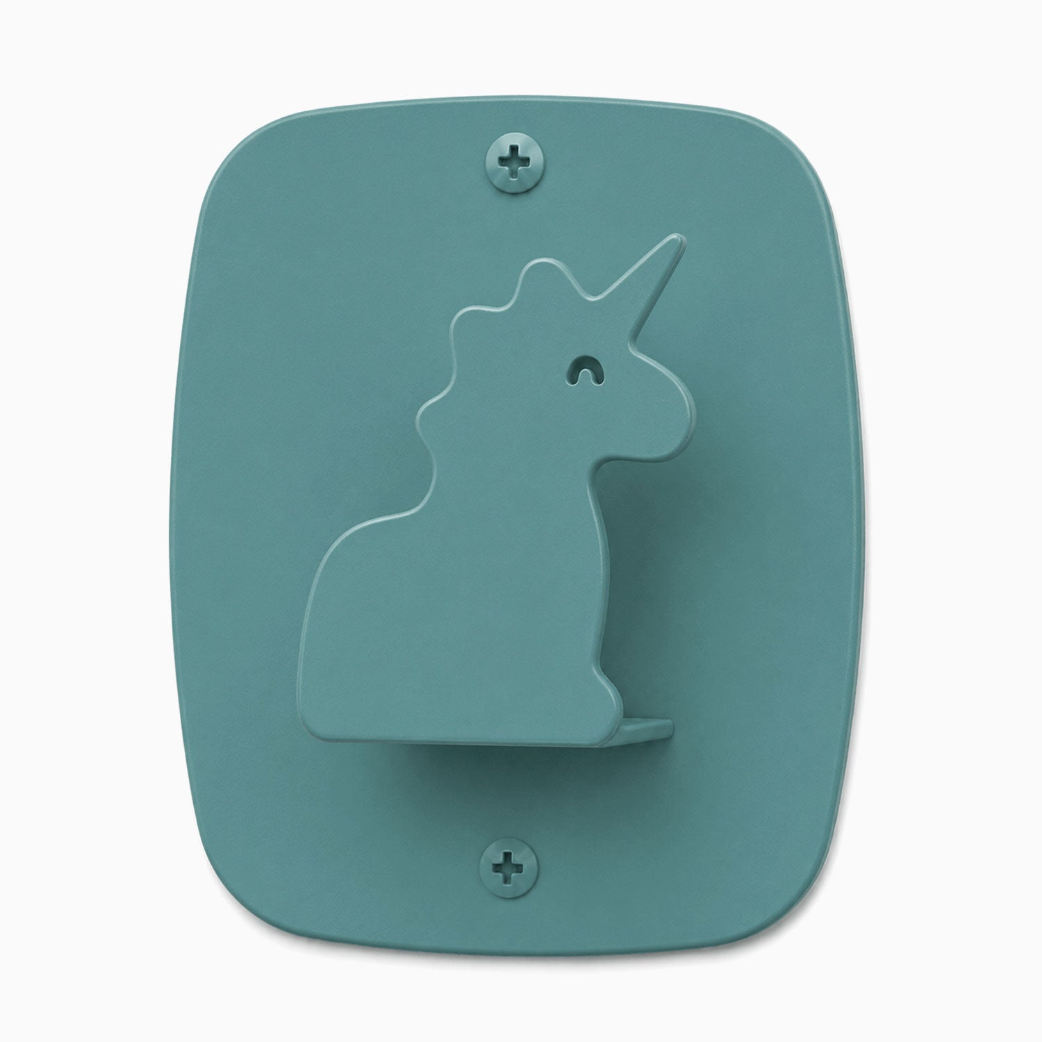 Kiddo Hooks wall hook in teal with a minimalist unicorn silhouette design, made of durable rust-resistant material for organizing kids' spaces.