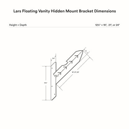 Technical line drawing of the Lars Floating Vanity Hidden Mount Bracket showing detailed dimensions for height and depth measurements.