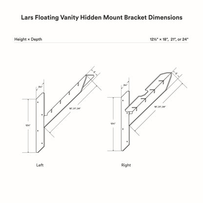 Dimension diagram showing left and right hidden mount brackets for a floating vanity with 12.5 inch height and 18 21 or 24 inch depth options