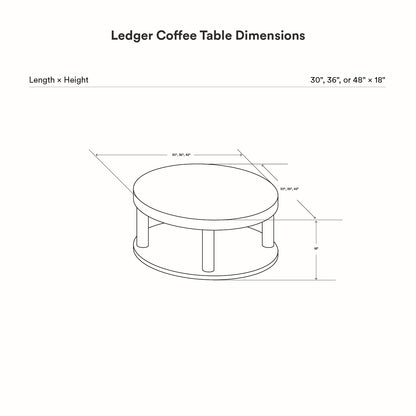 Diagram showing dimensions for Ledger Coffee Table in three size options: 30, 36, or 48 inches diameter with 18 inches height, featuring round shape and lower shelf.