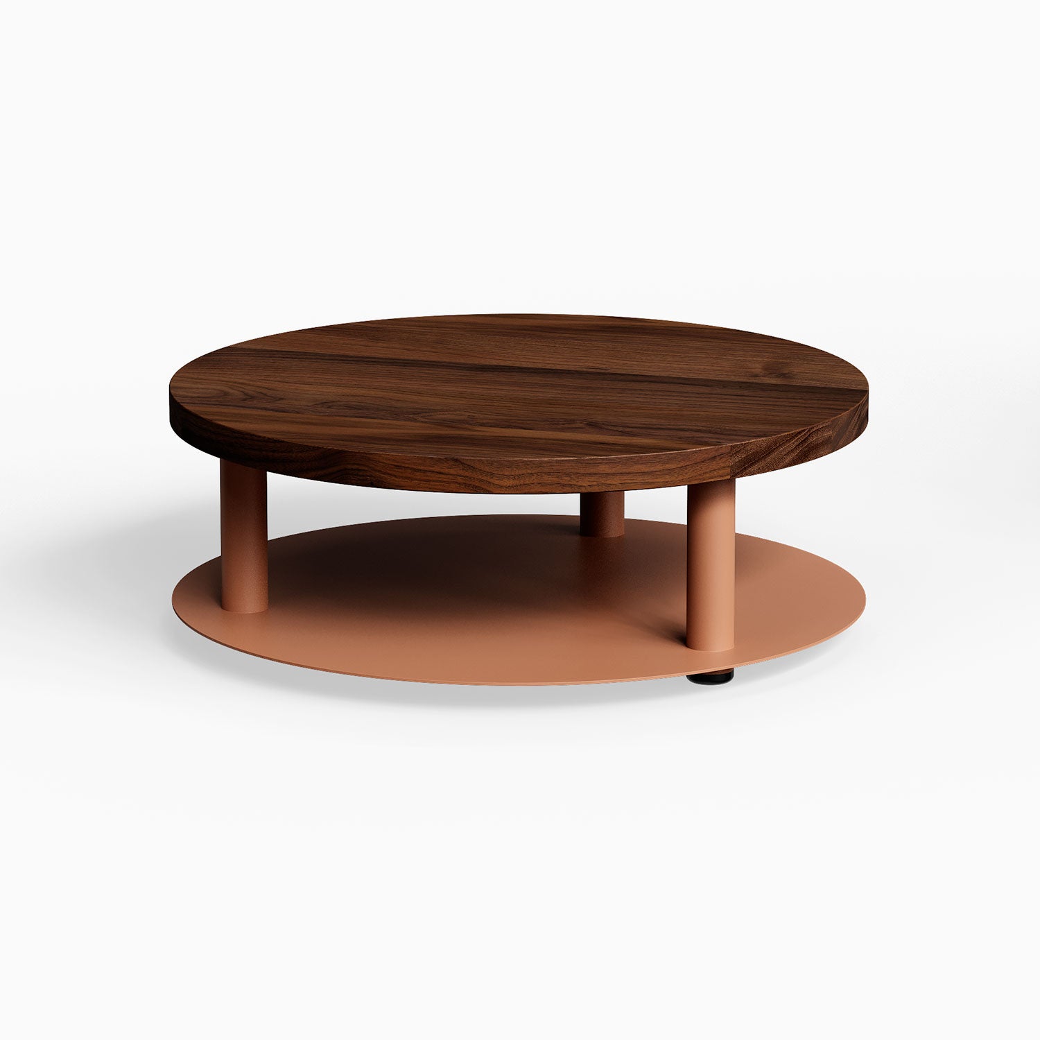 Ledger Coffee Table with rich walnut wood top and matte clay-colored metal base, showcasing minimalist and functional mixed-material design.